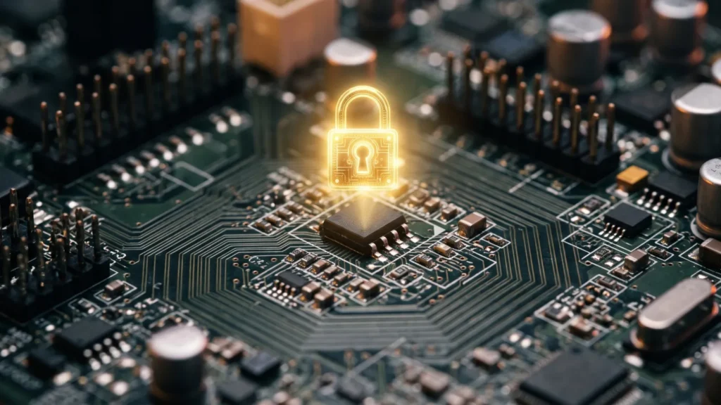 Leuchtendes Schloss-Symbol über einem Chip auf einer PC-Hauptplatine – Secure-Boot-Zertifikate prüfen