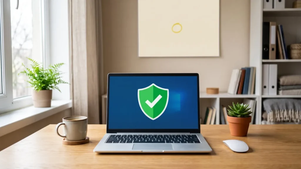 Laptop mit Windows 10 und grünem Sicherheits-Schild auf dem Schreibtisch im Homeoffice – Windows 10 ESU bis 2027